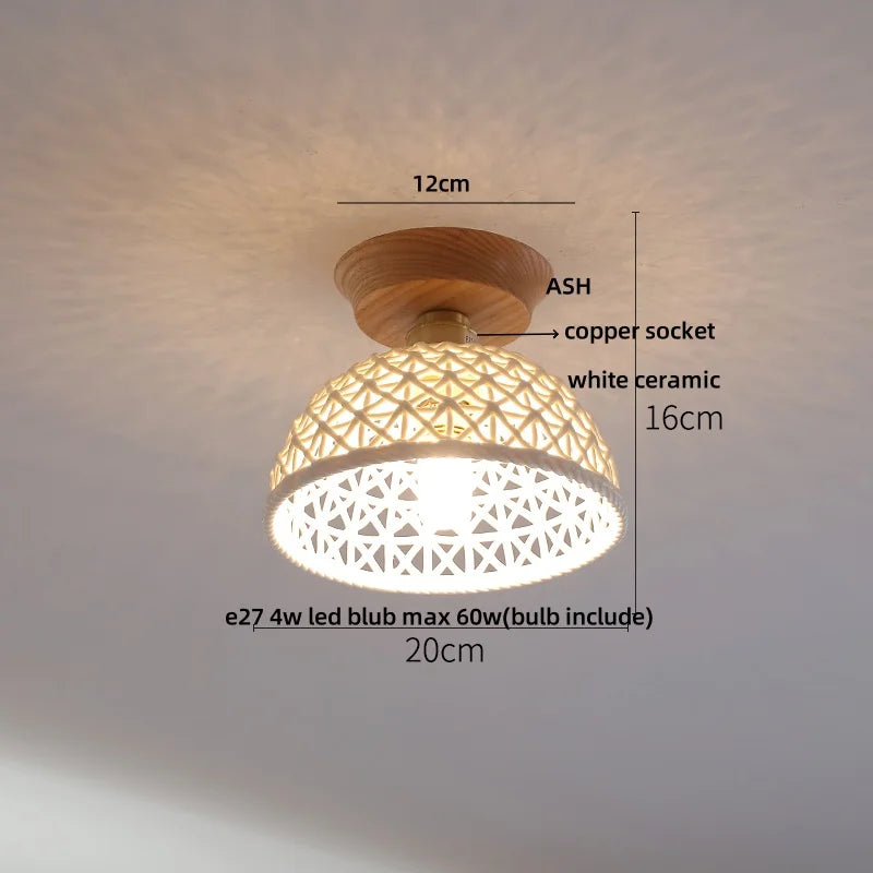 White Ceramic LED Ceiling Lamp Wood Ash Nordic Modern Copper Light