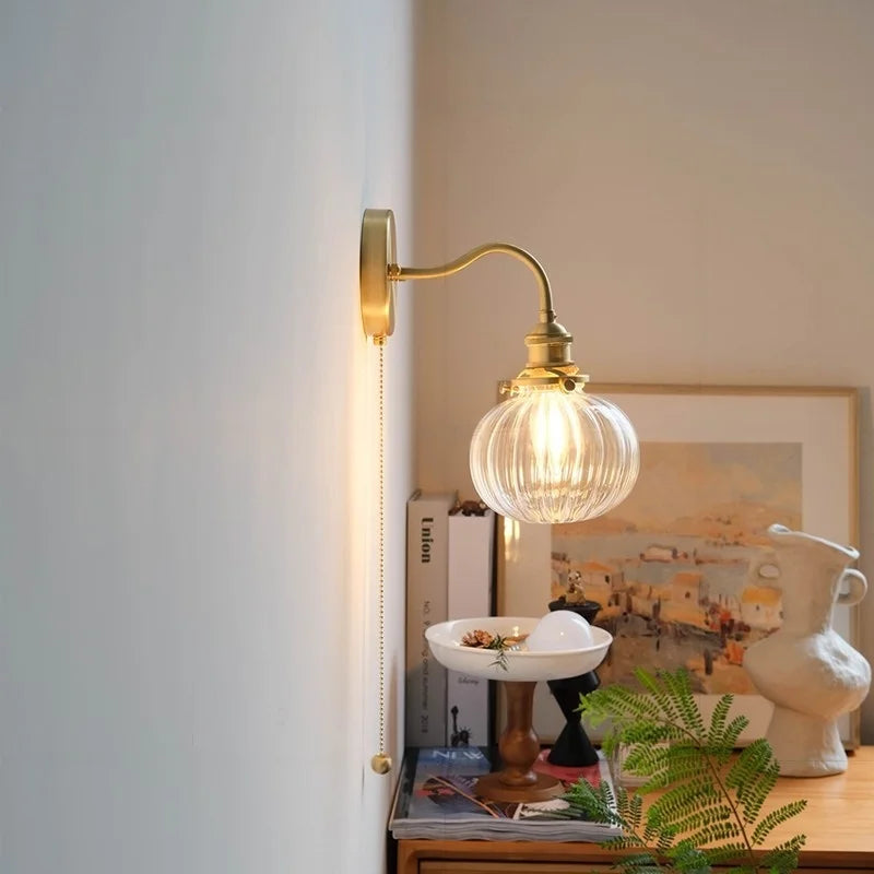 Green Class Ball LED Wall Light Fixture, Copper Socket, Pull Chain Switch