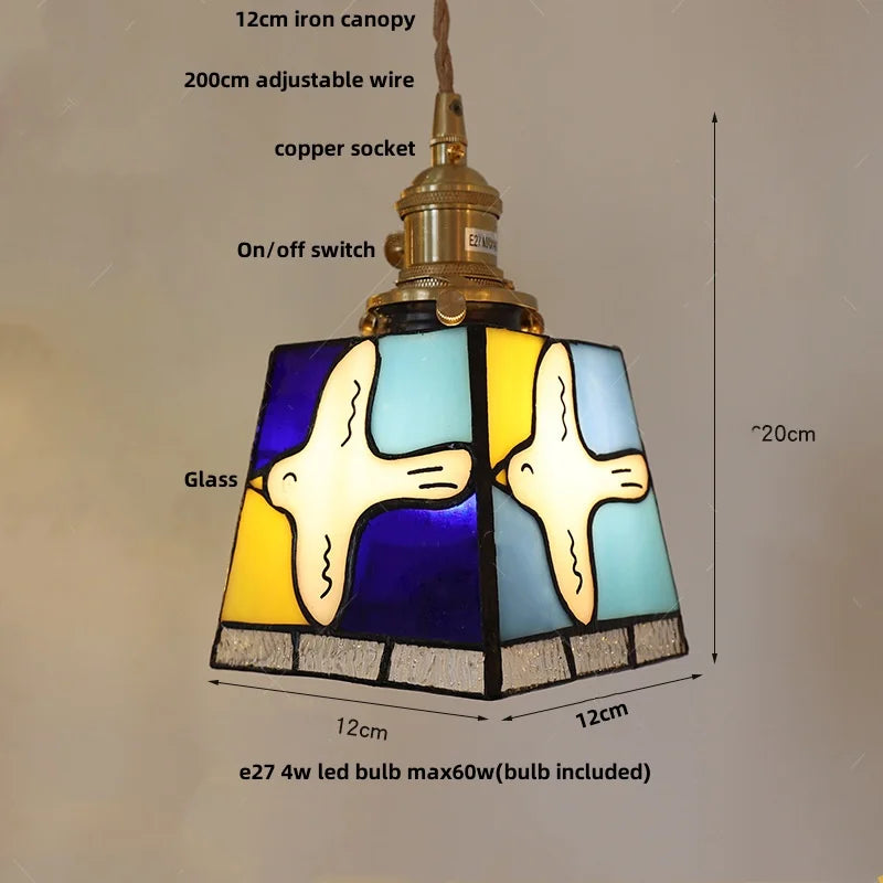 Colorful Glass Magic Cube LED Pendant Lights Tiffany Style Wood Hang Lamp