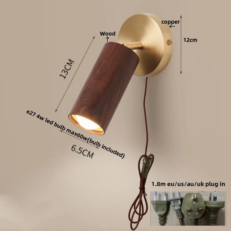 Wood Nordic LED Wall Light - Modern Copper Canopy Bedside Lamp