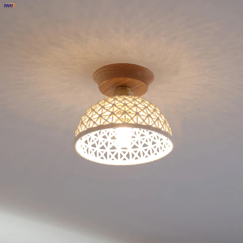 White Ceramic LED Ceiling Lamp Wood Ash Nordic Modern Copper Light