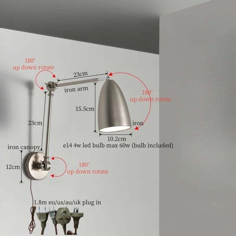 Afralia™ Swing Long Arm Iron Art LED Wall Light - Nordic Minimalism Bedroom Living Room Lampara Pared