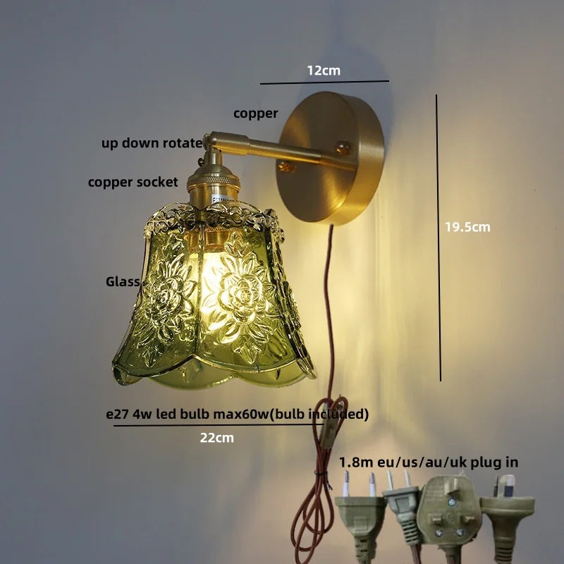 Amber Flower Glass Wall Light Fixture with Pull Chain Switch