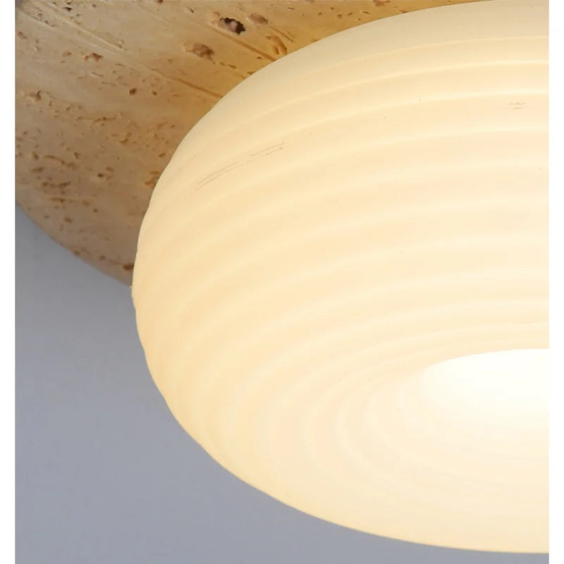 Yellow Travertine LED Ceiling Light Fixture for Living Room Dining Cafe White PE Lampshade