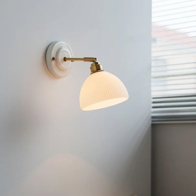 White Glass LED Wall Lights Pull Chain Switch Copper Arm - Bedroom Stair Living Room Mirror Bedside Lamp