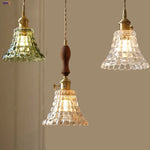 Flower Glass LED Pendant Lamp Walnut Wood Knob Switch Copper Socket