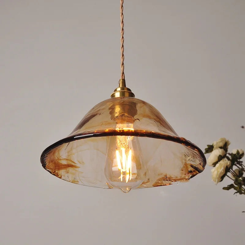 Amber Glass LED Pendant Light Fixture, Vintage E27 Copper Hanging Lamp