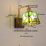 Amber Glass LED Wall Sconce with Walnut Wood, Pull Chain Switch for Living Room