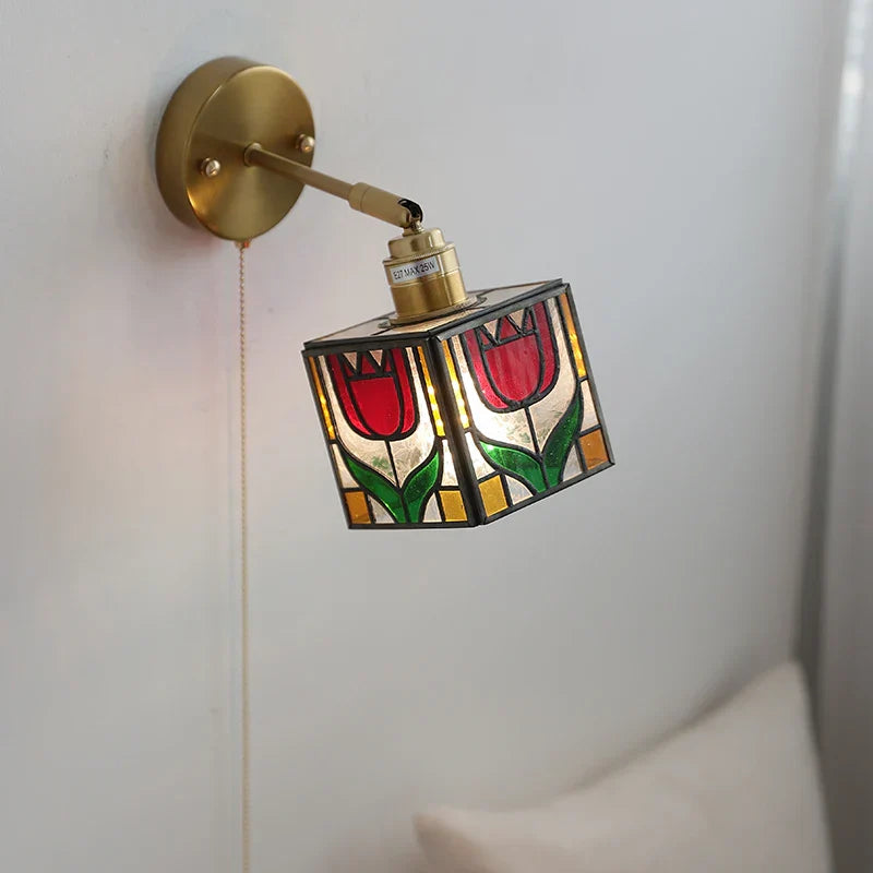 Colorful Square Glass LED Wall Lights with Pull Chain Switch - Tiffany Style