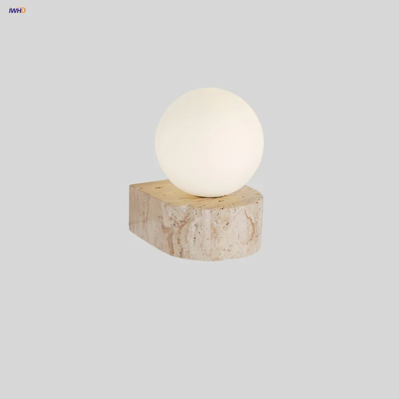 White Glass Globe LED Wall Light on Yellow Stone Base
