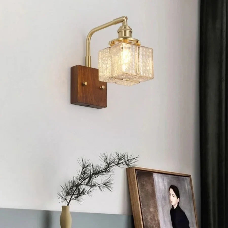 Amber Glass LED Wall Sconce with Walnut Wood, Pull Chain Switch for Living Room