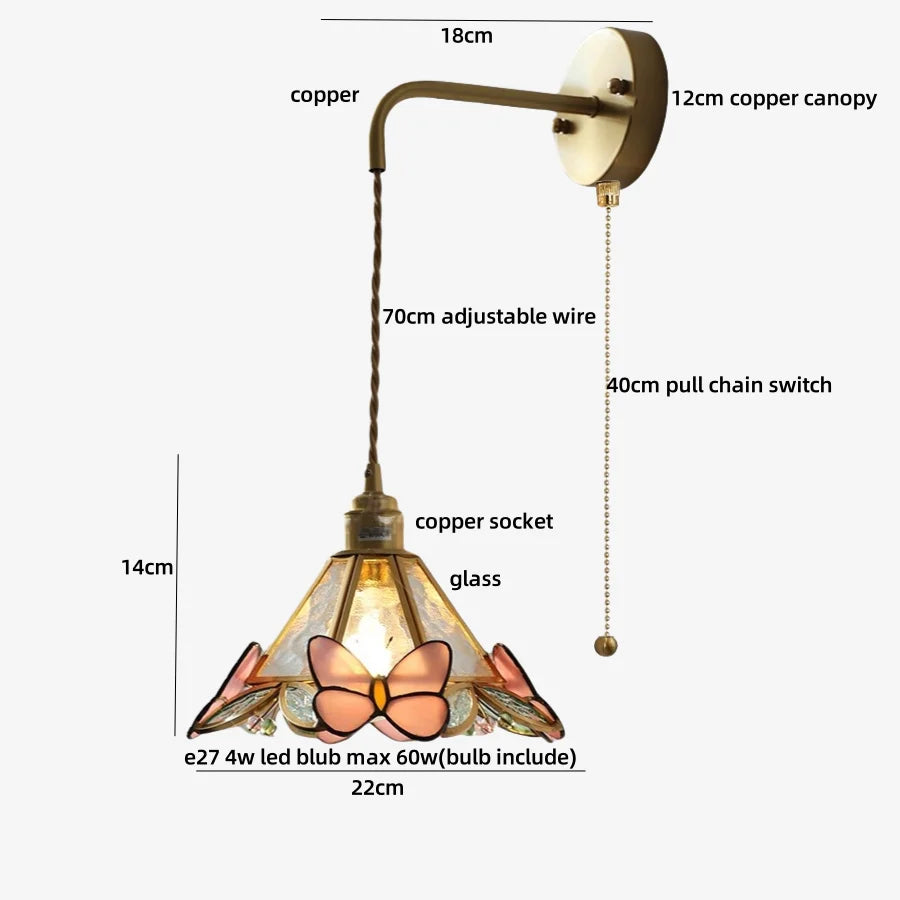 LED Butterfly Glass Wall Lamp Sconce with Pull Chain Switch