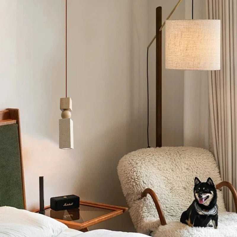 Afralia™ LED Pendant Lamp Mid Century Modern Decor Yellow Travertine Wood Hanglamp