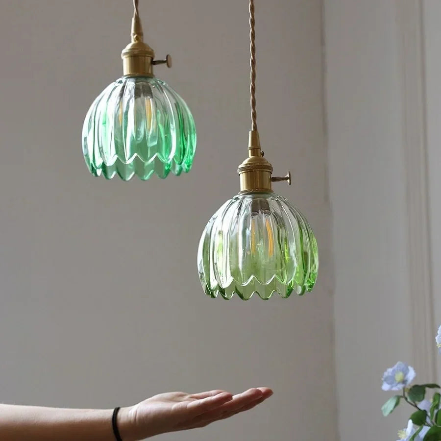 Afralia™ Green LED Pendant Light Fixture Glass Japan Style Hang Lamp