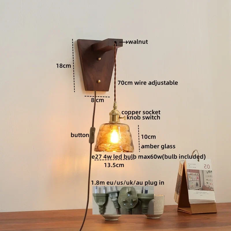 Walnut Glass LED Wall Light Fixture | Modern Bedroom Bathroom Living Room Lamp