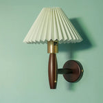Pleated Fabric LED Wall Sconce Lamp Walnut Wood Light
