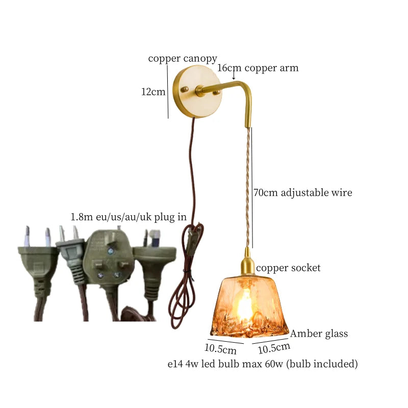 Amber Glass LED Wall Lamp for Bedroom Minimalistic Copper Lighting