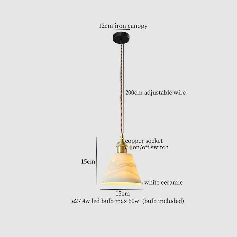 White Ceramic Brass LED Pendant Light - Vintage Japanese Hanglamp