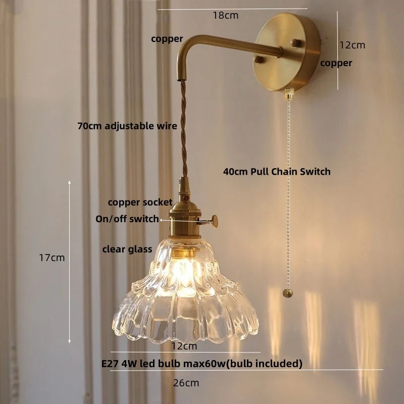 Modern Copper Flower Glass Wall Light with Pull Chain