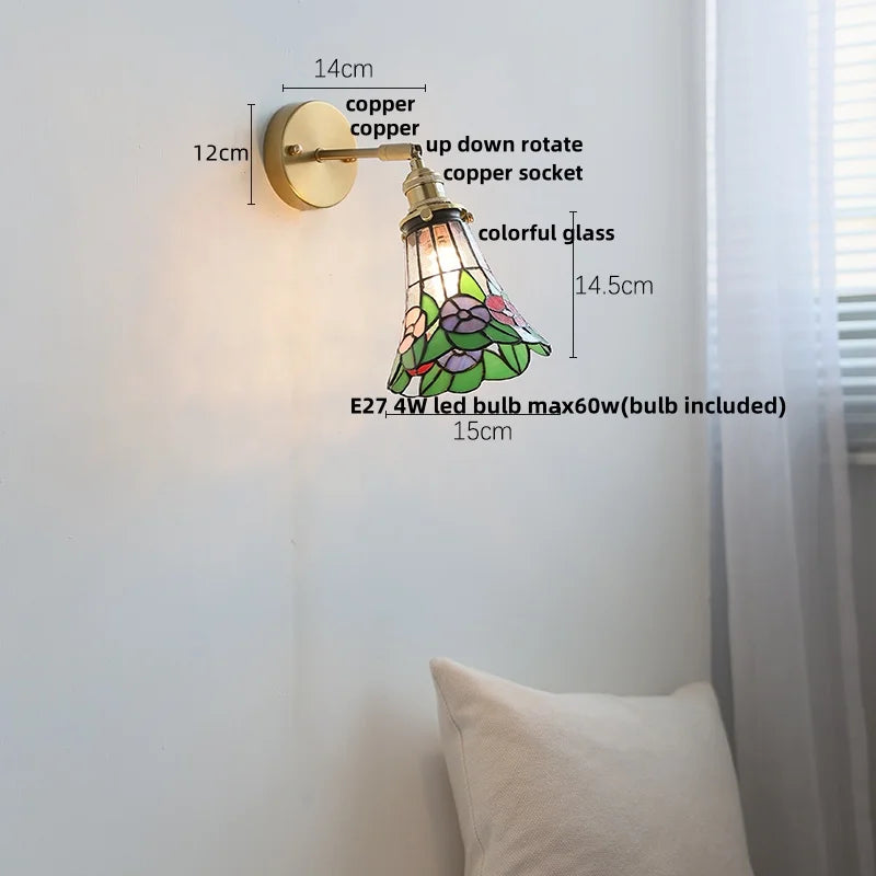 Glass LED Wall Light Tiffany Style Sconce, Pull Chain Switch, Colorful Design