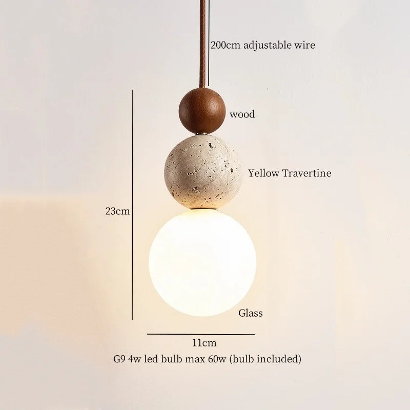 Afralia™ Vintage Wabi Sabi LED Pendant Lights Wood Yellow Travertine Hanging Lamp