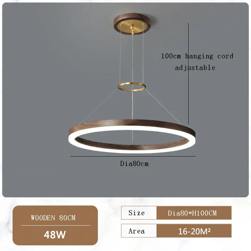 Wood Grain Chandelier: Minimalist Round LED Hanging Light Fixture for Home Decor