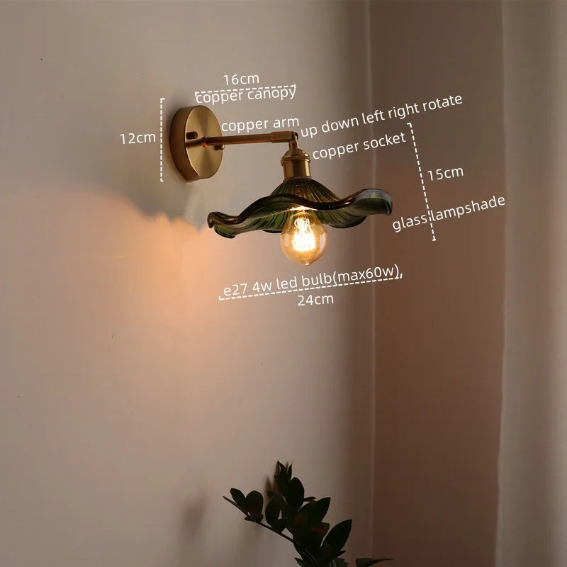 LED Glass Copper Wall Sconce Pull Chain Switch Lamp for Bedroom Living Room
