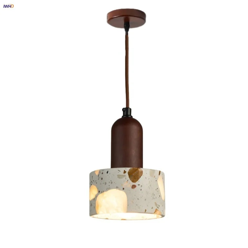 Afralia™ Minimalism LED Pendant Light Fixture Terrazzo Marble Stone Wood Hanging Lamp