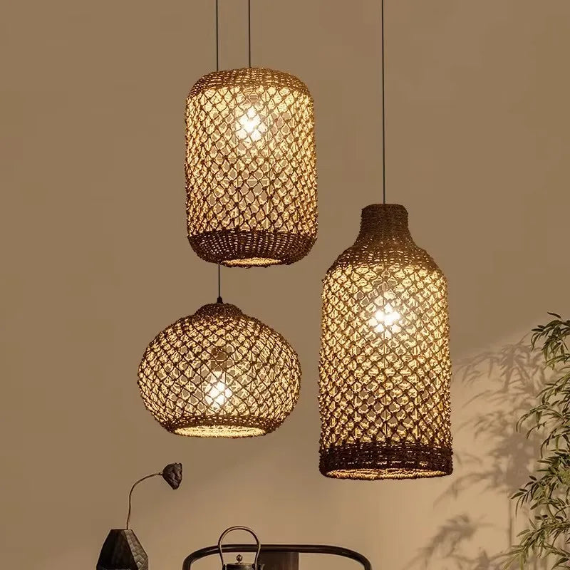 Hand-woven Natural Rattan Chandelier Pendant Light for Living Room Décor