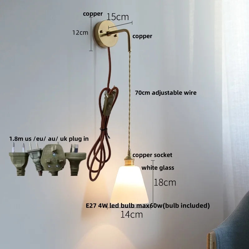 Nordic LED Wall Lamp Pull Chain Copper Glass Stair Light Sconce