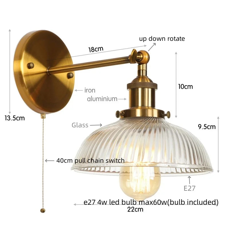 Black LED Wall Lamp Vintage Style Iron Bedside Light Glass Wall Sconce