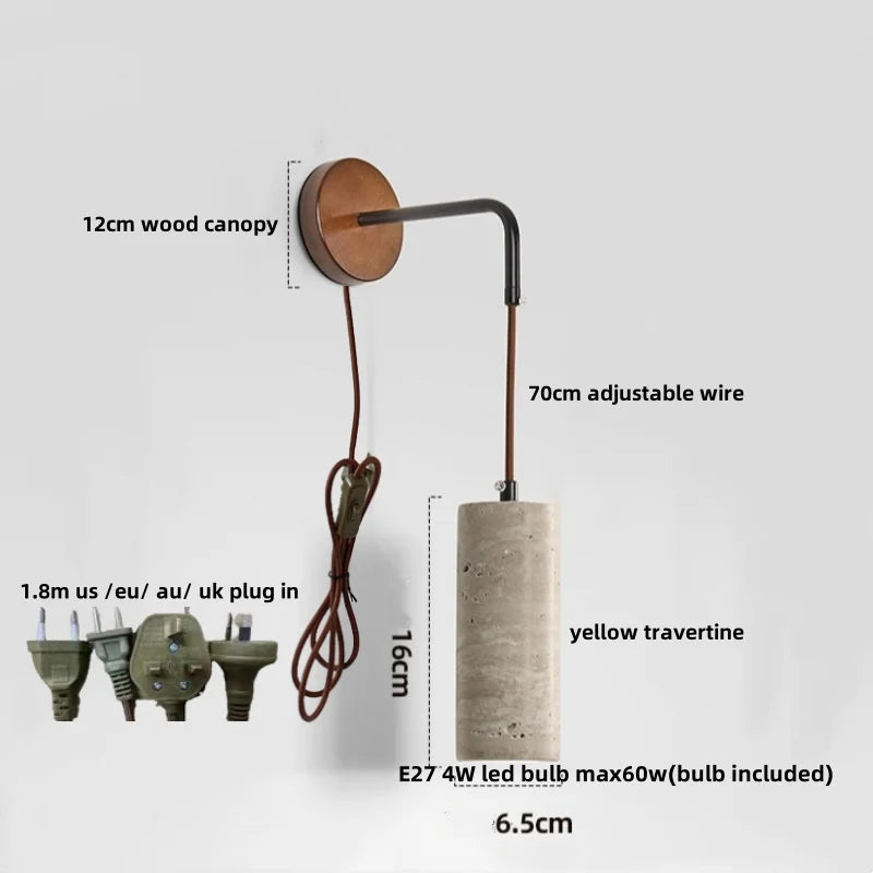 Wood LED Wall Lamp Yellow Travertine Pull Chain Switch Modern Nordic Style