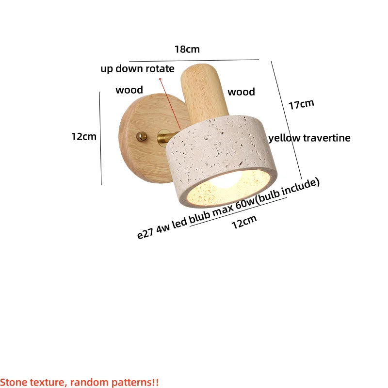 Yellow Travertine Stone Natural Wood LED Wall Light Bedside Lamp