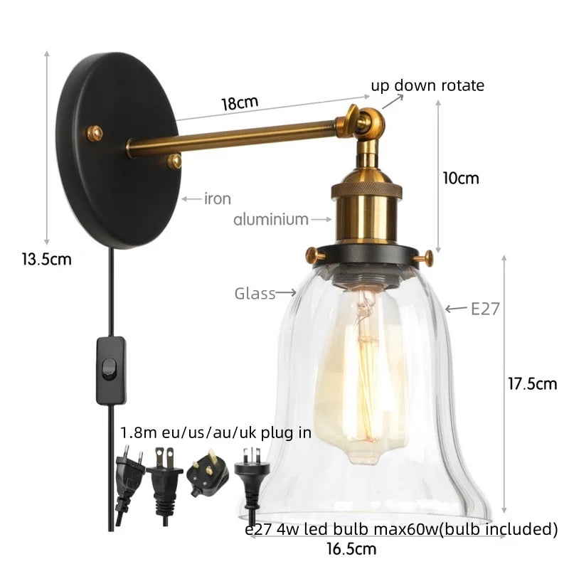 Industrial Clear Glass Wall Sconce Light for Stair, Foyer, Bedroom.