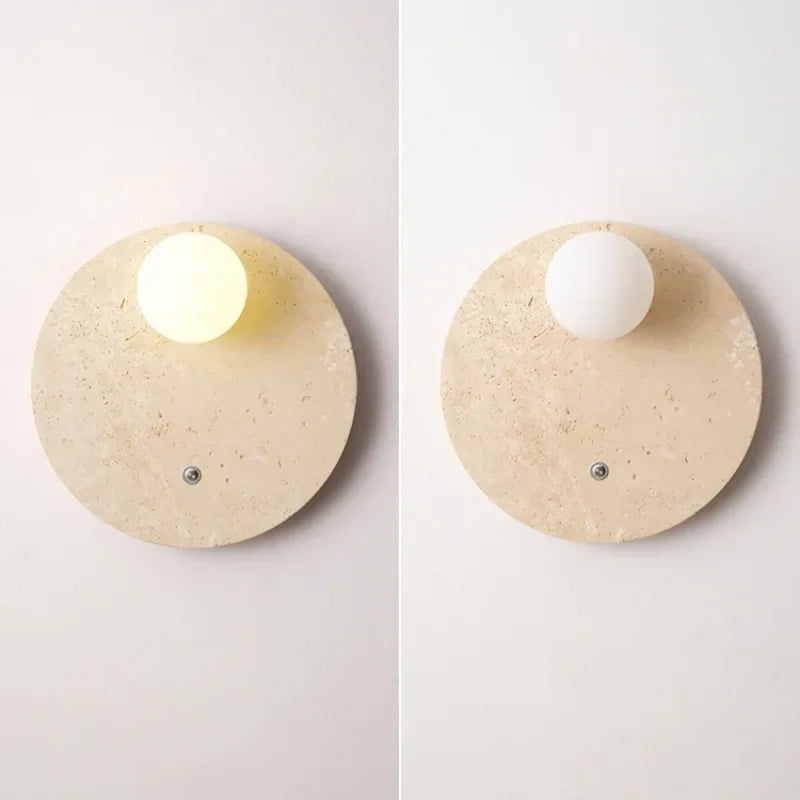 White Glass LED Wall Lights Yellow Travertine Stone Modern Disc Switch Bedside Lamp