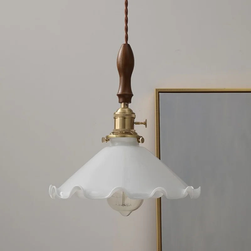 Afralia White Glass LED Pendant Lights with Walnut Wood Details