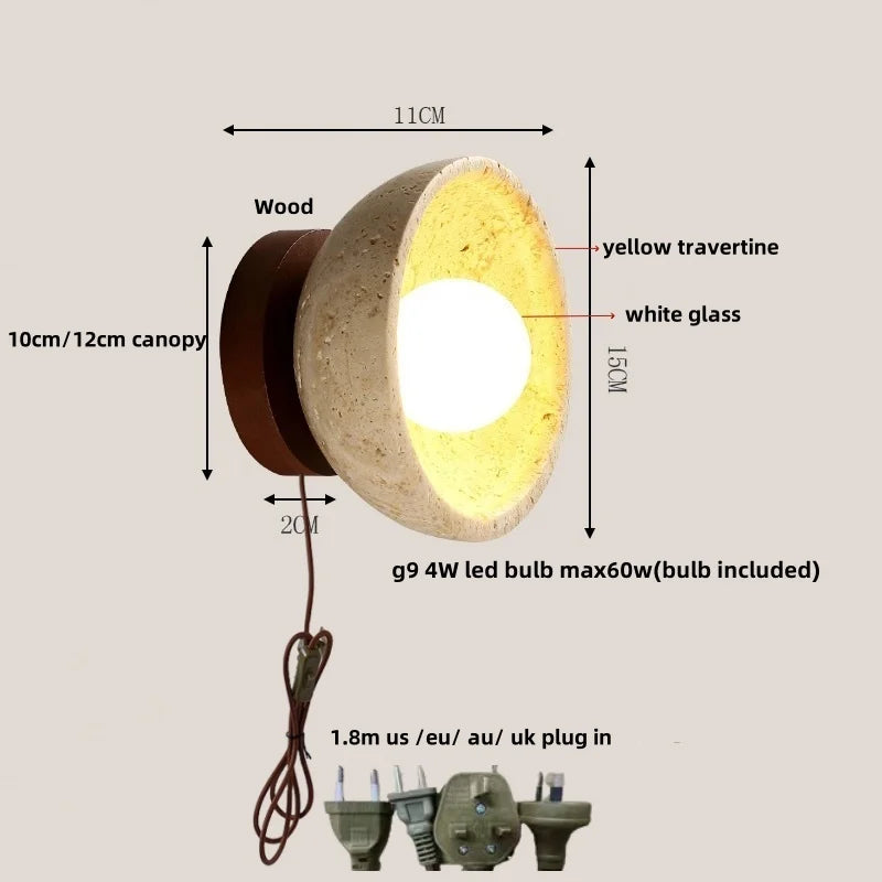 LED Wall Light Travertine Base Modern Nordic Pull Chain Bedside Lamp