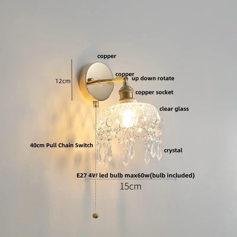 Rotatable LED Wall Sconce Clear Glass Reading Lamp with Pull Chain Switch