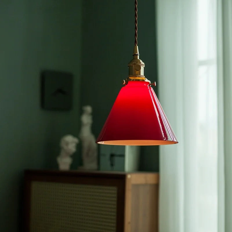 Afralia™ Red Glass LED Pendant Lamp American Style Vintage Copper Hanging Light