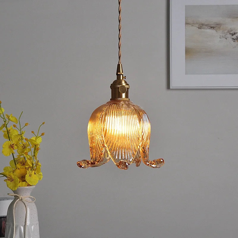 Afralia™ Amber Glass LED Pendant Light - Modern Copper Hanging Fixture