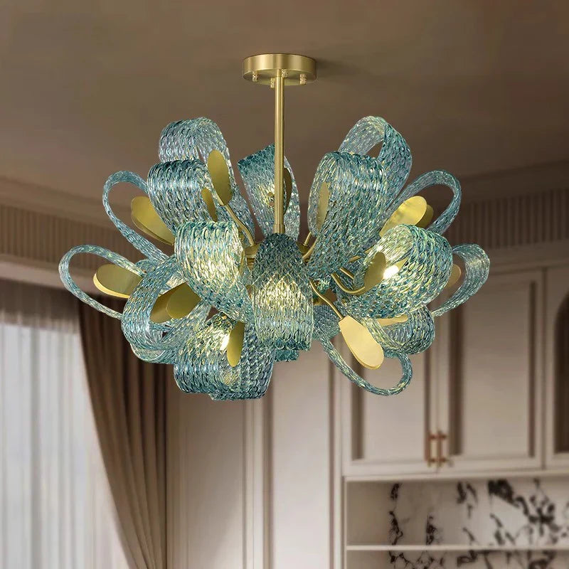 Blue Glass Flower Ceiling Chandelier Copper Hanging Lamps