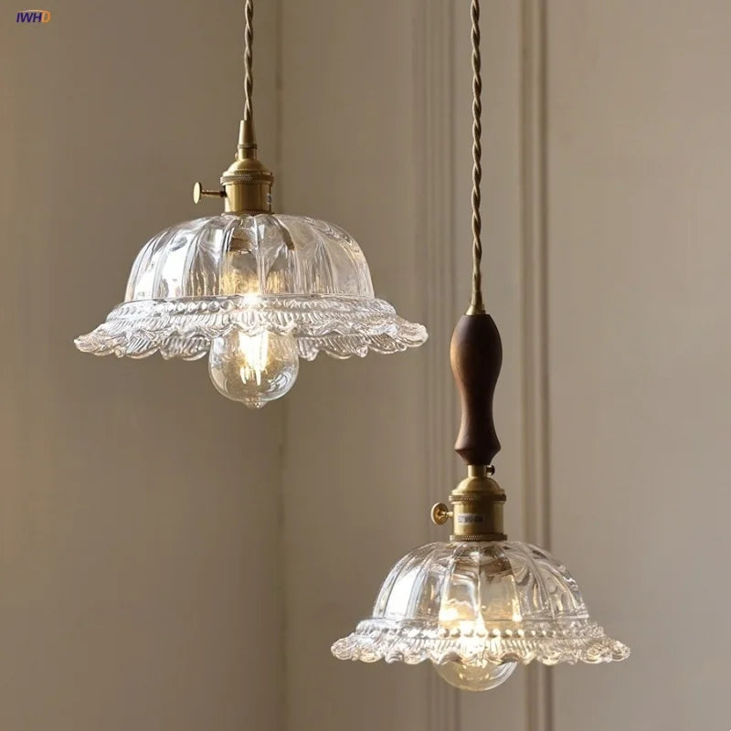 Afralia™ Flower Glass LED Pendant Lights with Walnut Wood Finish