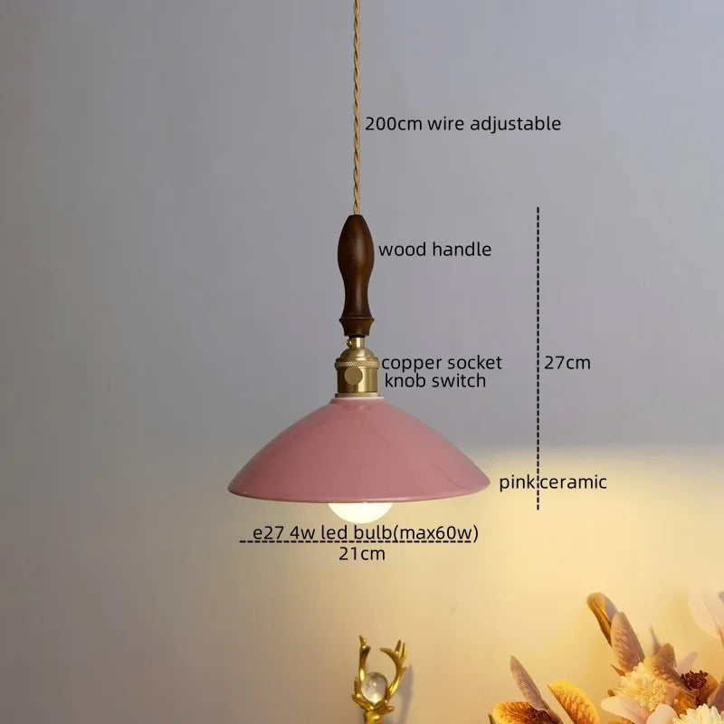 Ceramic LED Pendant Lamp: Modern Wood Handle Hanging Light Fixtures