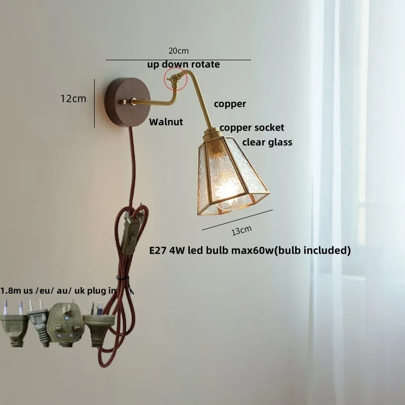 Clear Glass LED Wall Sconce Pull Chain Switch Rotate Arm Walnut Wood Stair Light