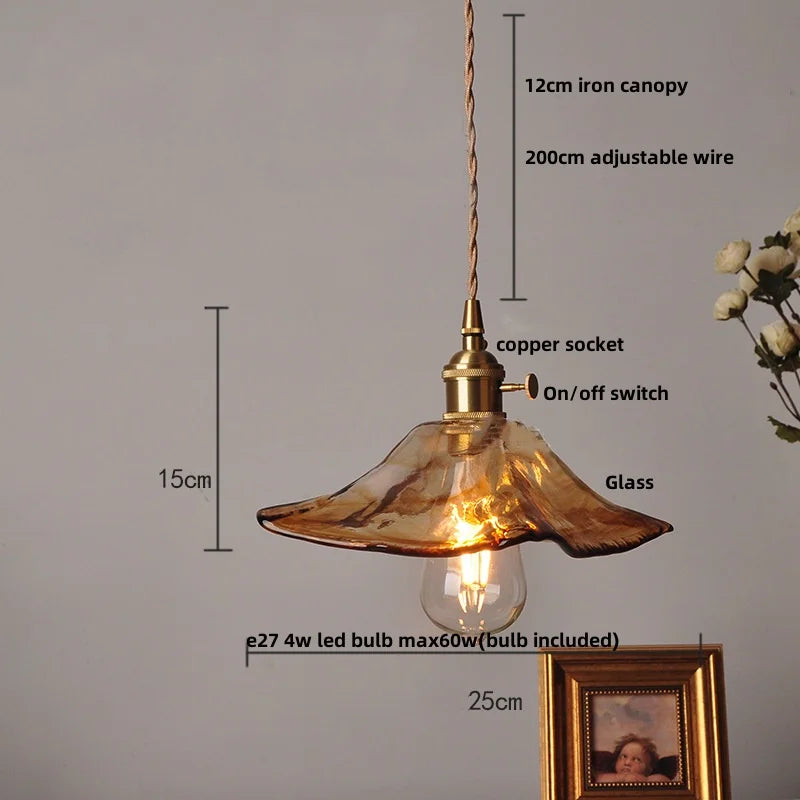 Amber Glass Pendant Light Fixture with Copper Knob Switch