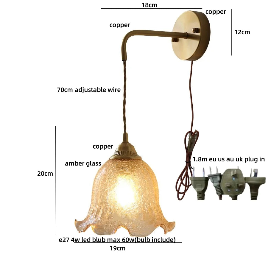 Amber Glass LED Wall Sconce with Pull Chain Switch for Bedroom and Bathroom