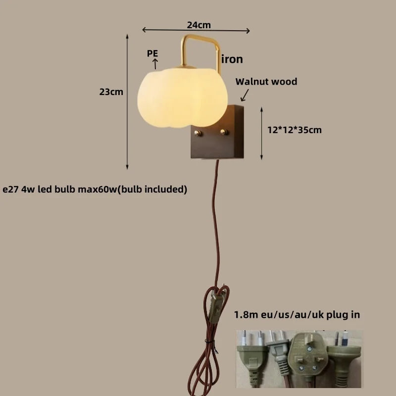 Glass Wall Light Fixture Walnut Wood Modern Nordic Pull Chain Switch Lamparas