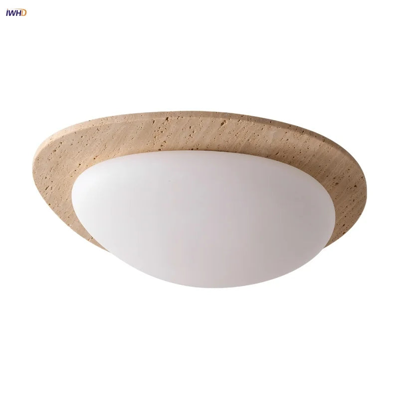 White LED Ceiling Light Fixture | Wabi Sabi Yellow Cave Stone Decor