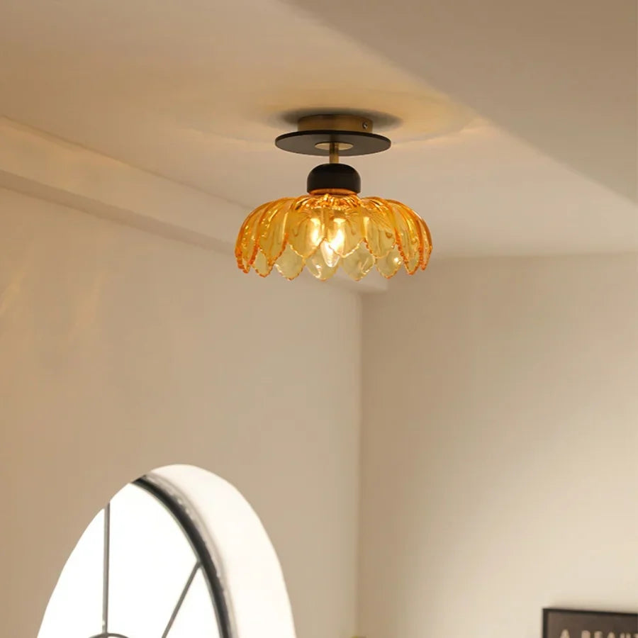 Amber Glass Ceiling Lamp Wood Nordic Modern Bedroom Bathroom Light