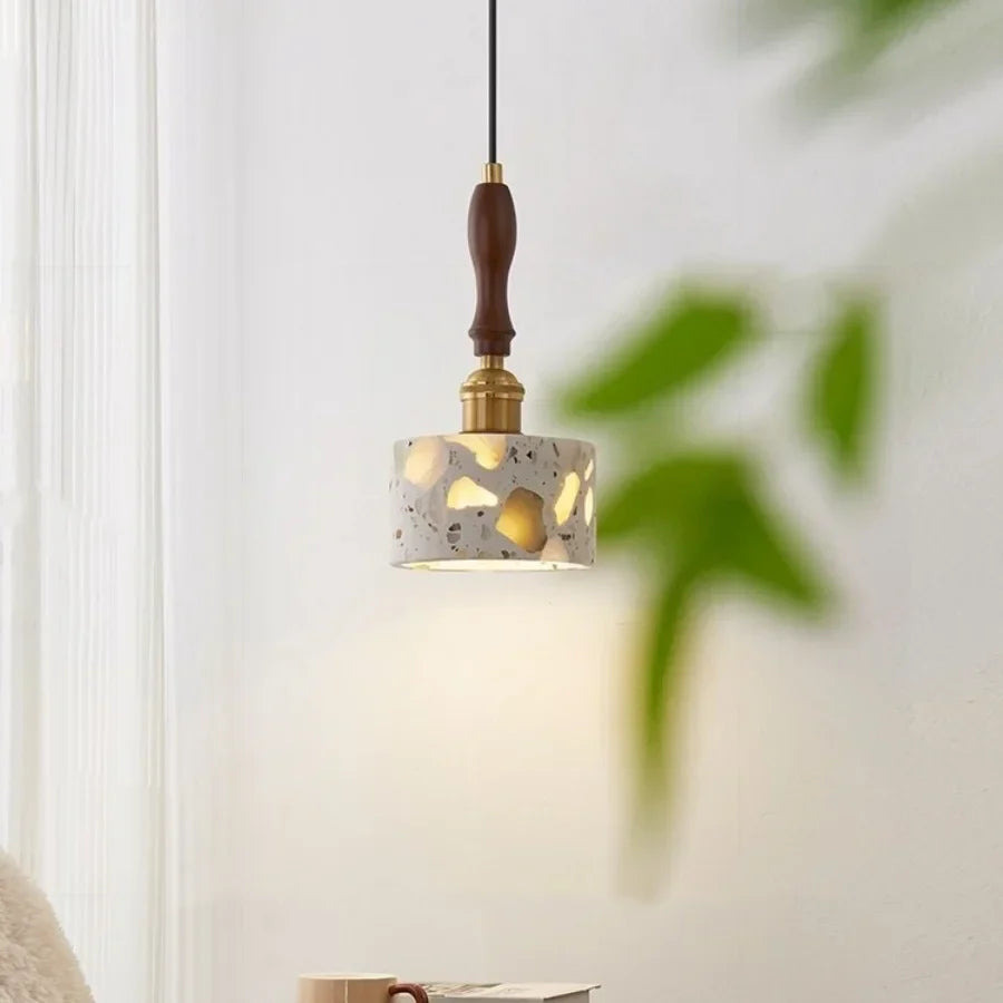 Afralia™ Terrazzo Stone LED Pendant Light with Wood Handle for Kitchen & Restaurant